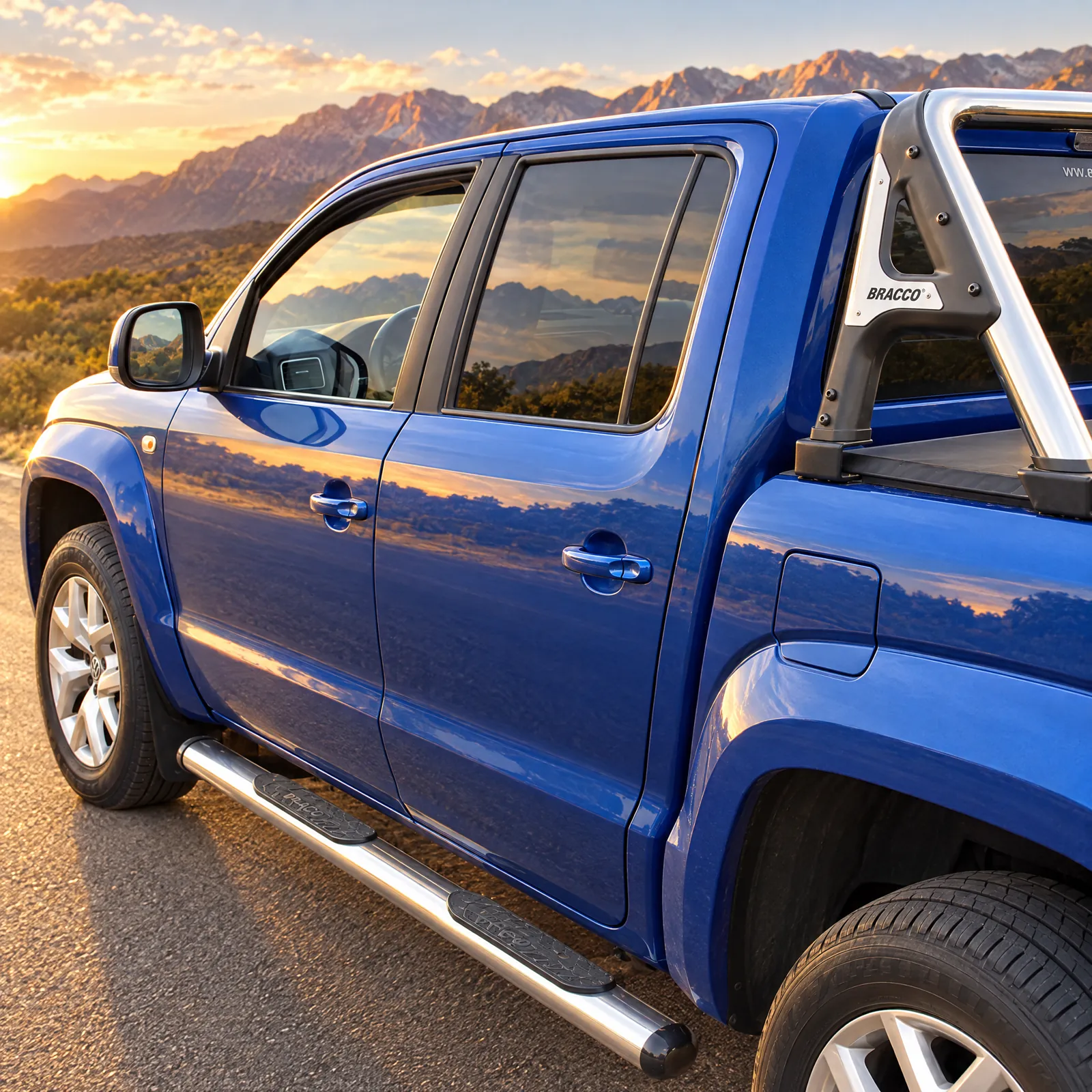 Volkswagen Amarok azul con jaula Bracco B4 inoxidable, otro punto de vista