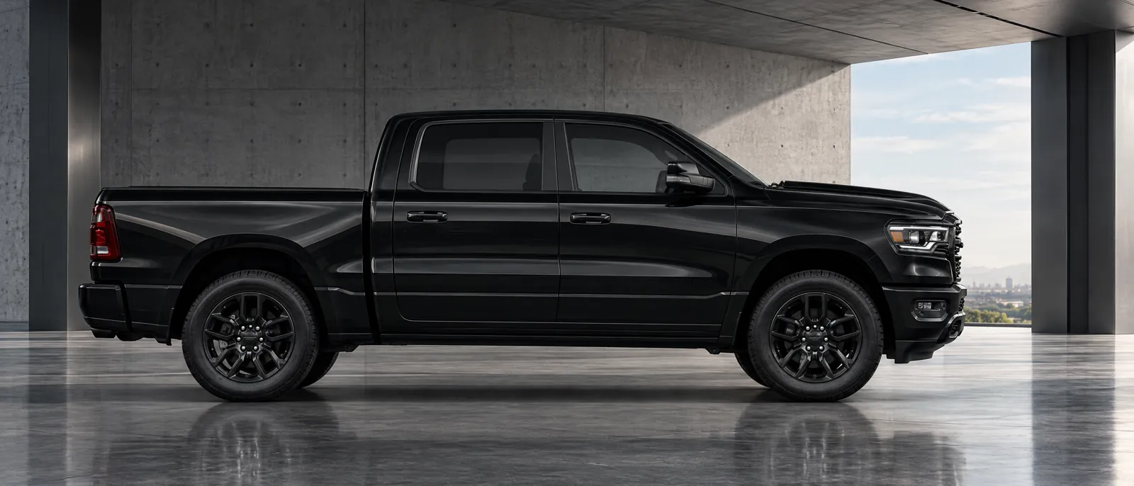 RAM 1500 negra de perfil en un espacio de arquitectura industrial