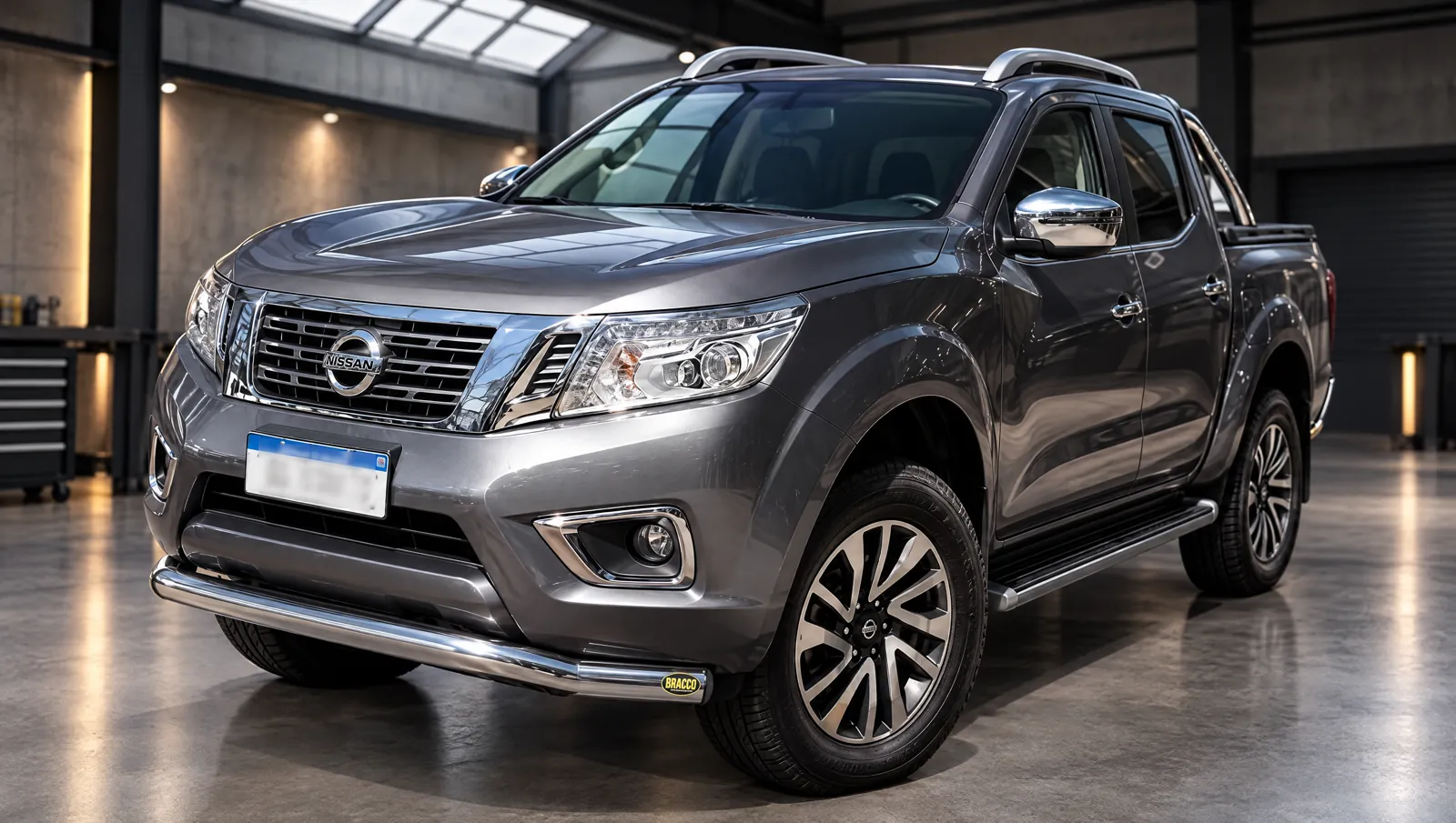 Nissan Frontier con defensa delantera Bracco en un espacio de arquitectura industrial