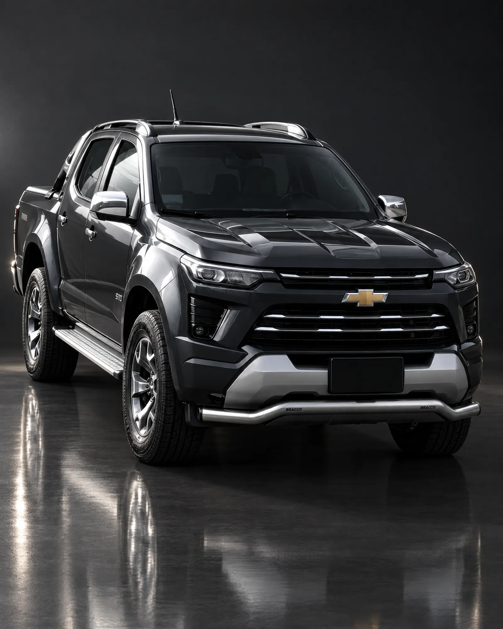 Chevrolet S10 con defensa delantera Bracco en estudio oscuro (referencia de la línea)