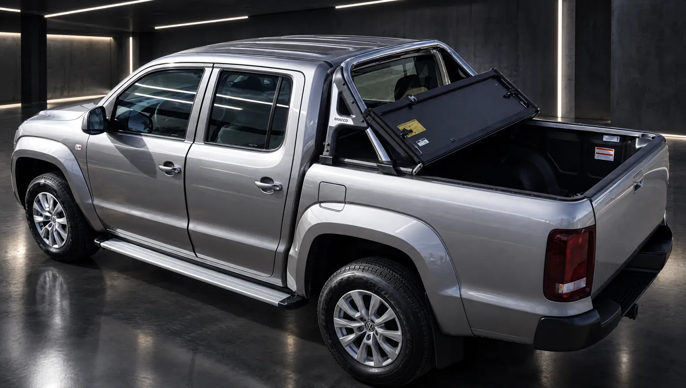Volkswagen Amarok con tapa rígida rebatible Bracco abierta y jaula
